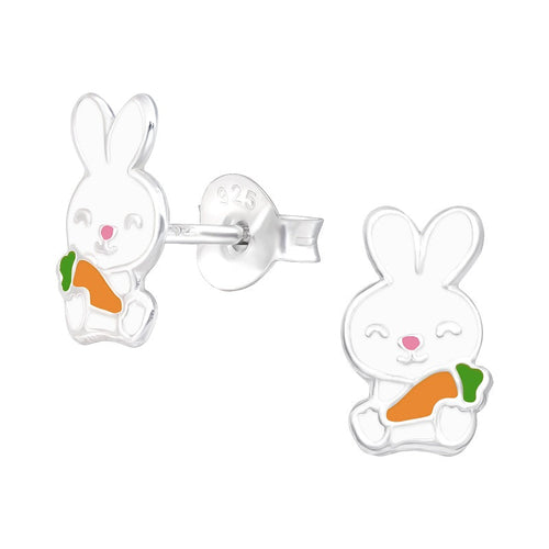 Children's Sterling Silver 'White Bunny Rabbit With Carrot' Stud Earrings