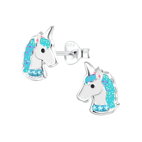 Children's Sterling Silver Blue Glitter Unicorn Stud Earrings