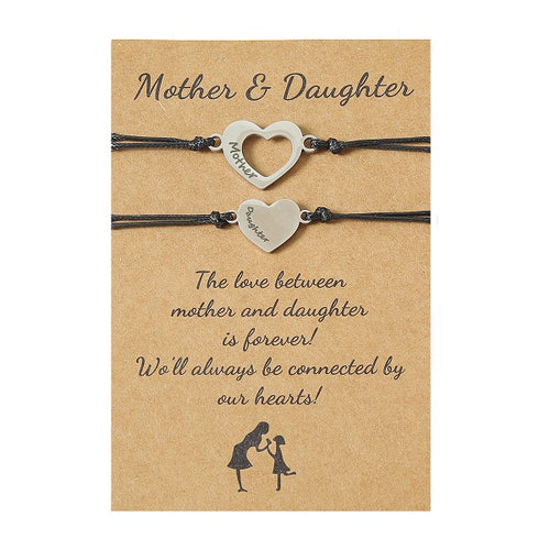 Adjustable Mother and Daughter Heart Wish Bracelets with Presentation Card - Black