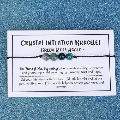 Adjustable 'Green Moss Agate - Stone of New Beginnings' Crystal Intention Wish / Friendship Bracelet