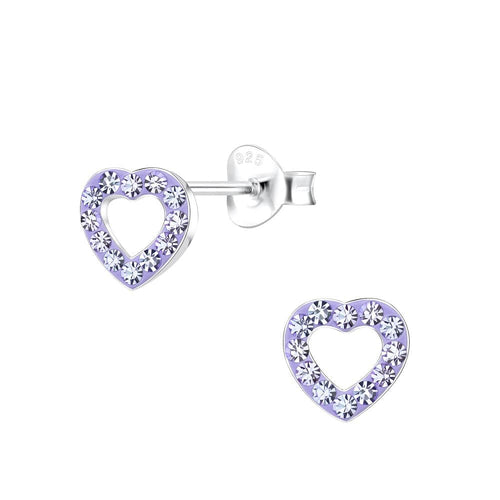 Children's Sterling Silver 'Violet Purple Crystal Love Heart' Stud Earrings