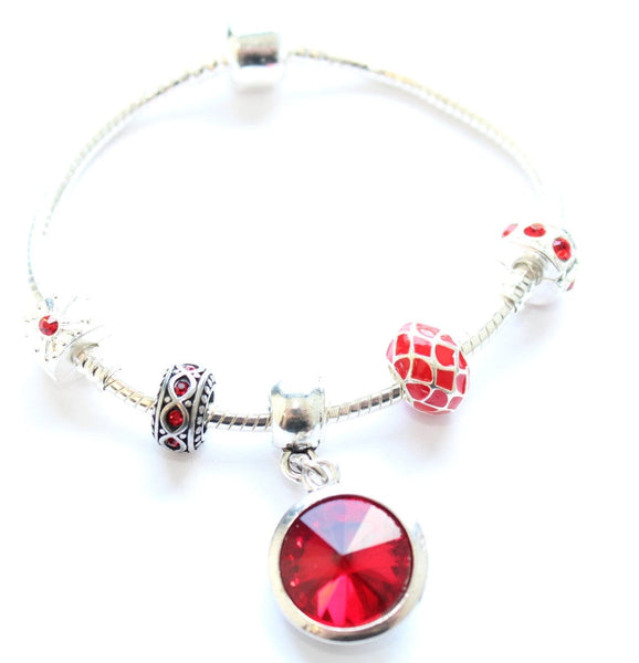 Teenager's 'July Birthstone' Ruby Coloured Crystal Silver Plated Charm Bead Bracelet