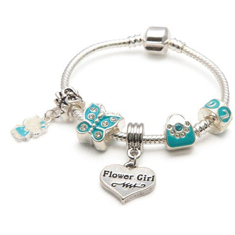 Children's Flower Girl 'Blue Butterfly' Silver Plated Charm Bead Bracelet