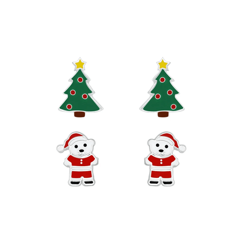 Children's Sterling Silver Set of 2 Pairs of Christmas Tree and Santa Bear Stud Earrings