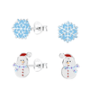 Children's Sterling Silver Set of 2 Pairs of Christmas Snowman and Snowflake Stud Earrings