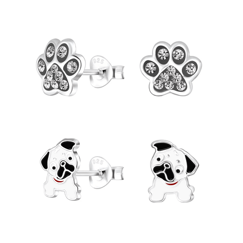 Children's Sterling Silver Set of 2 Pairs of Dog Lovers Stud Earrings