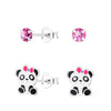 Children's Sterling Silver Set of 2 Pairs of Panda and Pink Crystal Stud Earrings