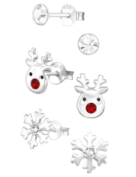 Children's Sterling Silver Set of 3 Pairs of Christmas Cheer Themed Stud Earrings