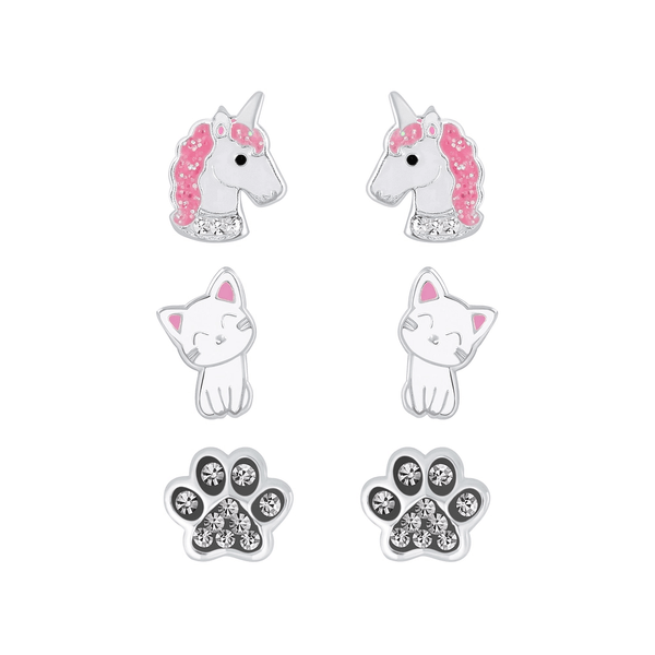 Children's Sterling Silver Set of 3 Pairs of Animal Themed Stud Earrings