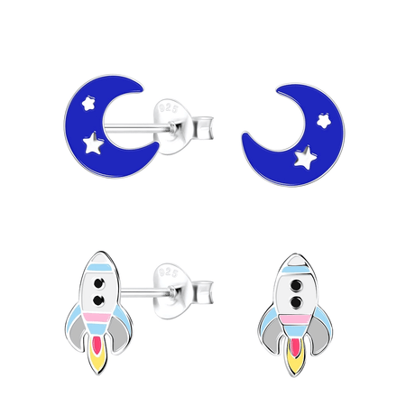 Children's Sterling Silver Set of 2 Pairs of Ocean Themed Stud Earrings