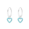 Children's Sterling Silver 'Aqua Blue Diamante Crystal Open Heart' Hoop Earrings