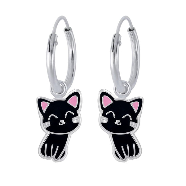 Children's Sterling Silver 'Cute Black Cat' Hoop Earrings