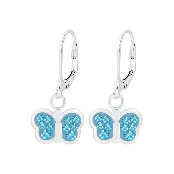 Children's Sterling Silver 'Blue Sparkle Butterfly' Crystal Lever Back Earrings