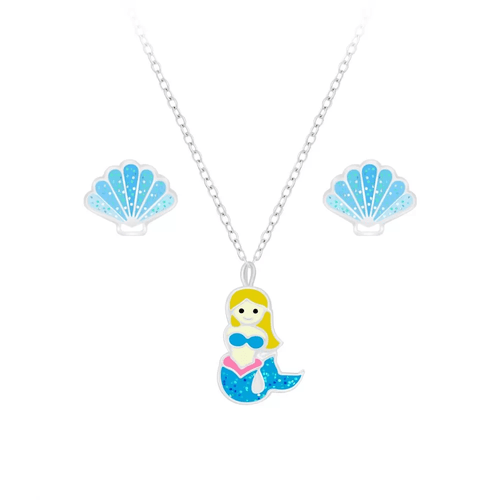 Children's Sterling Silver Mermaid Pendant Necklace and Shell Stud Earrings Set