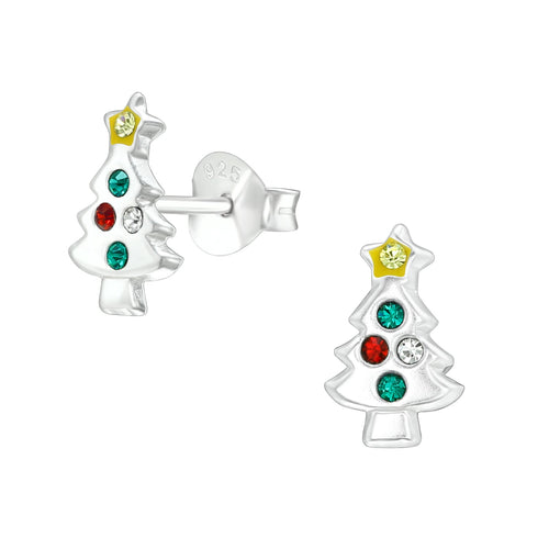 Children's Sterling Silver Diamante Christmas Tree Stud Earrings
