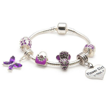 Children's Flower Girl 'Purple Butterfly' Silver Plated Charm Bead Bracelet