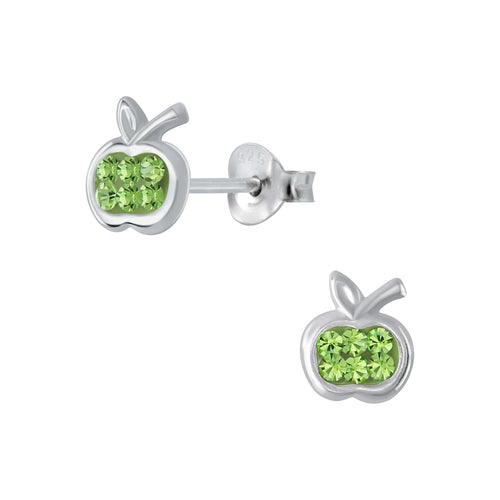 Children's Sterling Silver Green Crystal Apple Stud Earrings