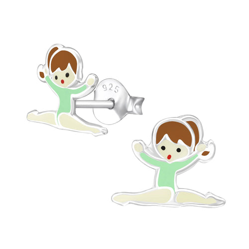 Children's Sterling Silver Gymnastics Girl with Green Leotard  Stud Earrings