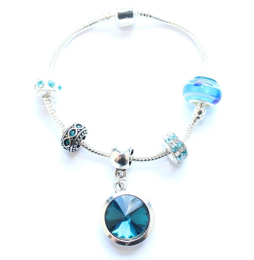Teenager's 'December Birthstone' Turquoise Coloured Crystal Silver Plated Charm Bead Bracelet