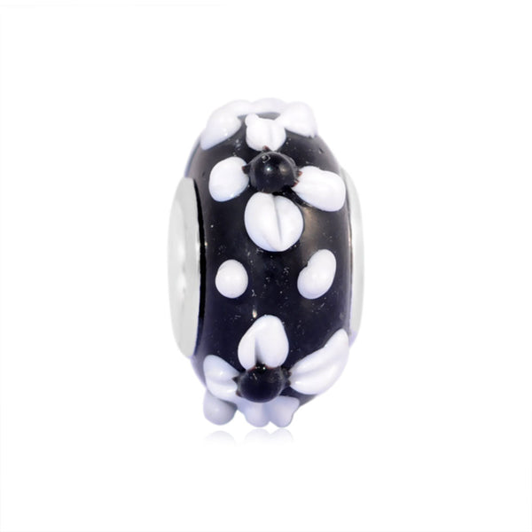'Black Flower Power' Glass Bead With Silver Plated Core