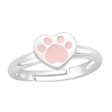 Children's Sterling Silver Adjustable Pink Paw Heart Ring