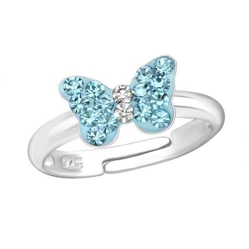 Children's Sterling Silver Adjustable Blue Sparkle Butterfly Ring