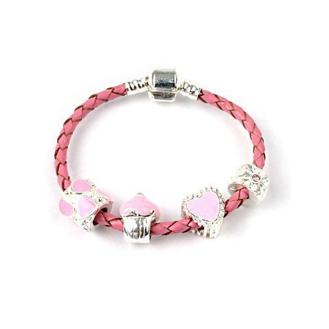 Children's 'Love and Kisses' Pink Leather Charm Bead Bracelet