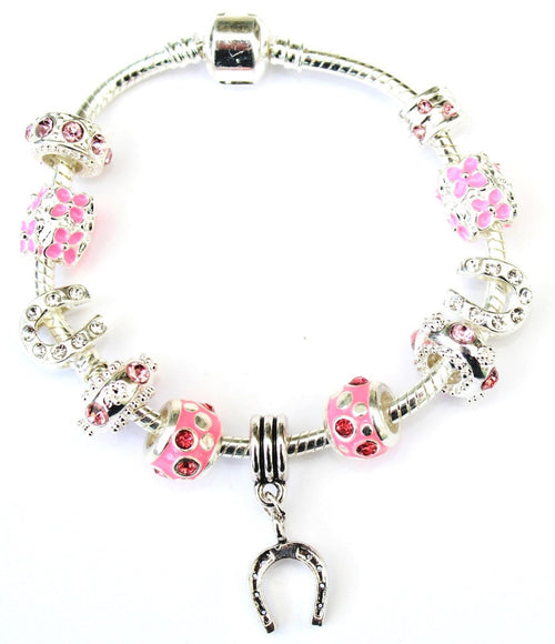 Teenager's 'Pink Sparkle Good Luck Horseshoe' Silver Plated Charm Bracelet