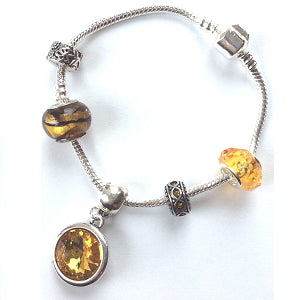 Teenager's 'November Birthstone' Topaz Coloured Crystal Silver Plated Charm Bead Bracelet