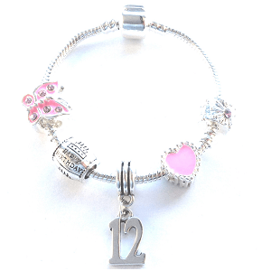 Childrens Pink 'Happy 3rd Birthday' Silver Plated Charm Bead Bracelet