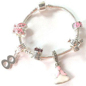 Children's Pink 'Happy 8th Birthday' Silver Plated Charm Bead Bracelet