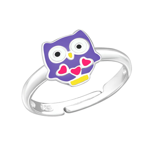 Children's Sterling Silver Adjustable Purple Owl Ring