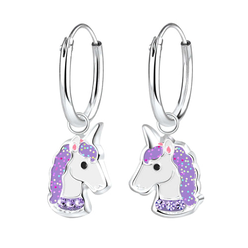 Children's Sterling Silver 'Purple Sparkle Unicorn' Hoop Earrings