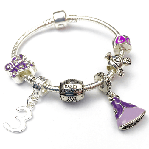 Children's 'Purple Princess 3rd Birthday' Silver Plated Charm Bead Bracelet