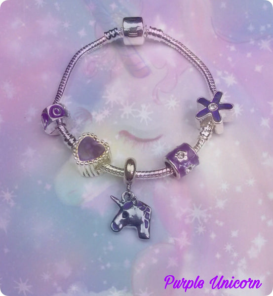 Children's 'Purple Unicorn' Silver Plated Charm Bead Bracelet