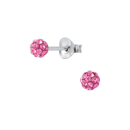 Children's Sterling Silver Round Stud Earrings with Rose Pink Diamante Crystals