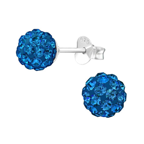 925 Sterling Silver Capri Blue CZ Crystal Disco Ball Earrings