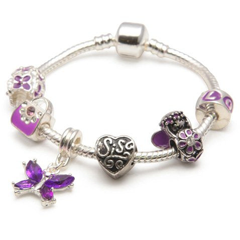 purple fairy sister bracelet with sis charms and beads