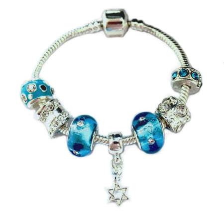Teenager's 'September Birthstone' Sapphire Coloured Crystal Silver Plated Charm Bead Bracelet
