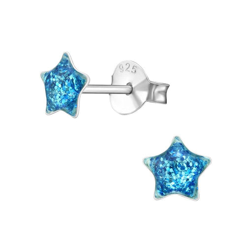Children's Sterling Silver 'Blue Glitter Star' Stud Earrings