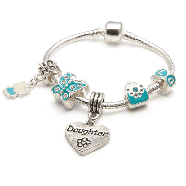 Children's Daughter 'Blue Butterfly' Silver Plated Charm Bead Bracelet