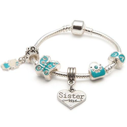 blue butterfly sister bracelet with charms and beads