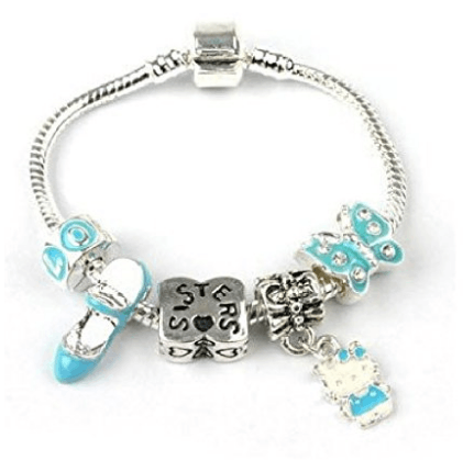 blue kitty sister bracelet with charms and beads