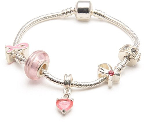 Breast Cancer Awareness' Silver Plated Charm Bead Bracelet