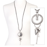 Silver Tone 'Shimmer Heart' Diamante Crystal Tassel Pendant Black Leather Cord Necklace 43cm-50cm