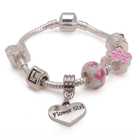 Children's Flower Girl 'Pink Sweetie' Silver Plated Charm Bead Bracelet