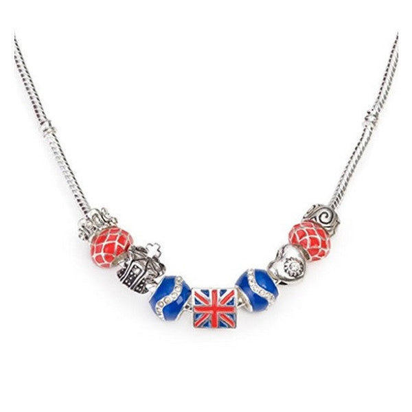 Silver Plated 'London Union Jack' British Charm Bead Necklace