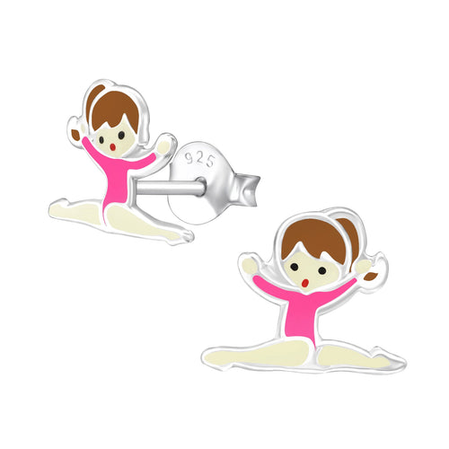 Children's Sterling Silver Gymnastics Girl with Dark Pink Leotard  Stud Earrings