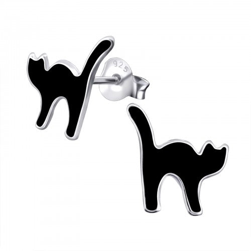 Sterling Silver 'Lucky Black Cat' Stud Earrings