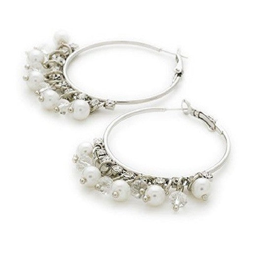 Designer Style Silver Tone and Crystal Diamante 'Ocean Pearl Sparkle' Hoop Earrings